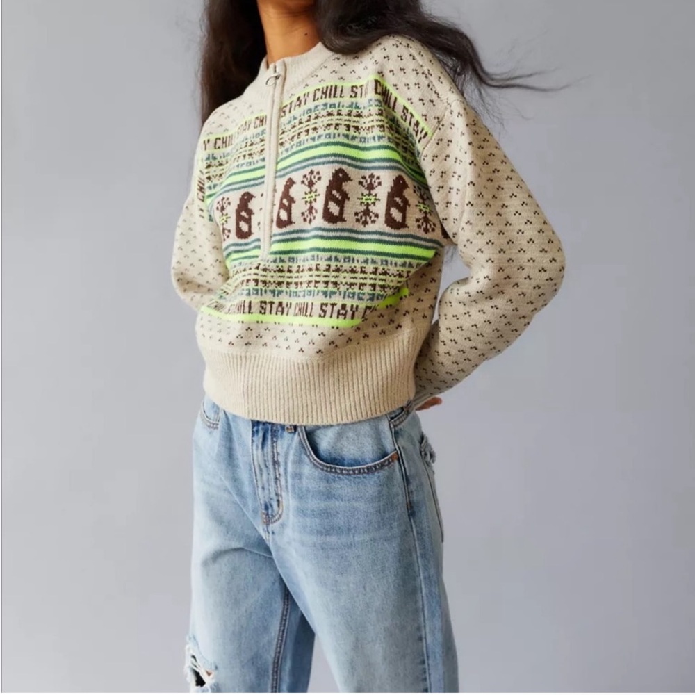 Urban Outfitters BDG Jesse Half-Zip Sweater Tan Brown and Neon Green - XS - Picture 3 of 16